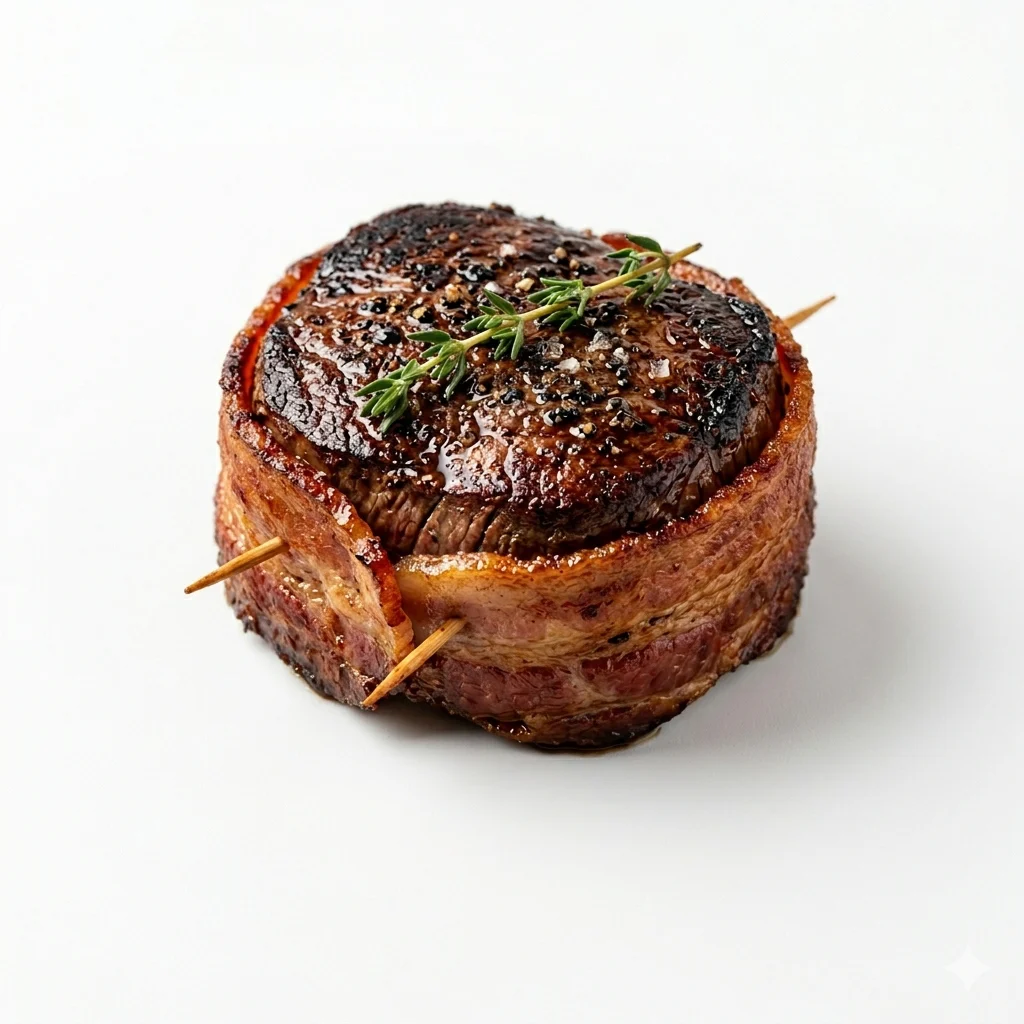 A perfectly cooked bacon-wrapped steak with herbs.