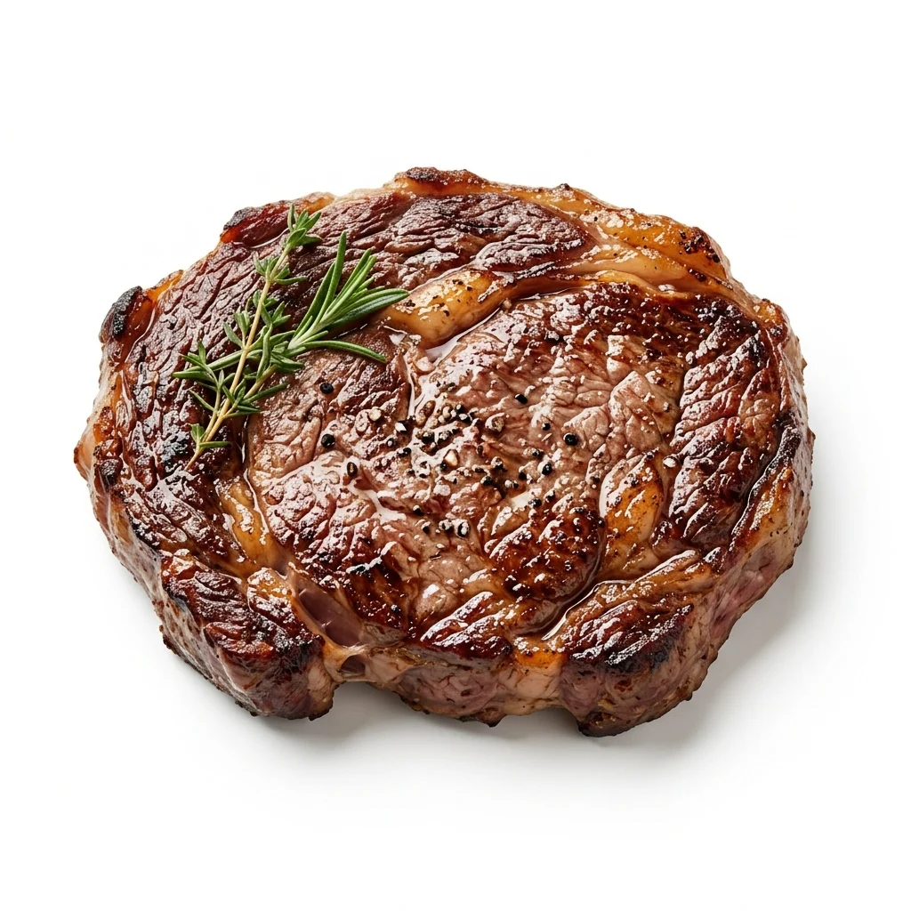 Grilled ribeye steak garnished with rosemary.